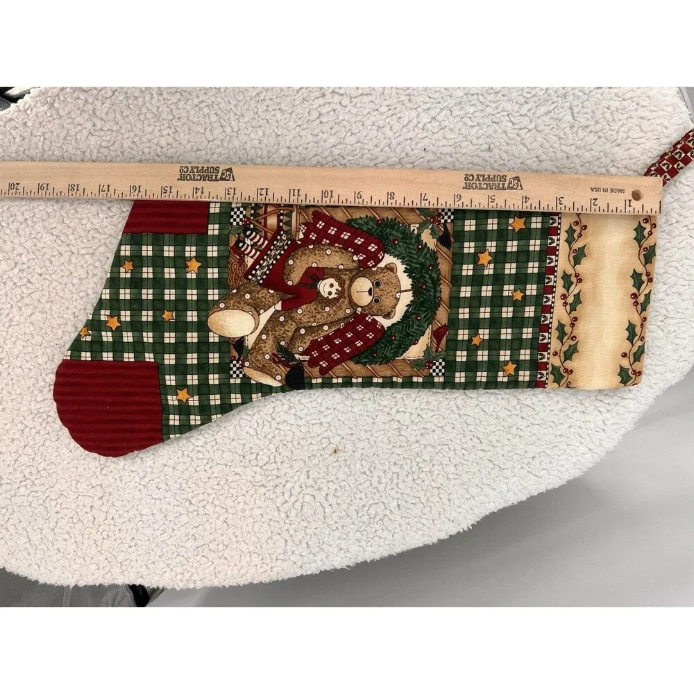 Handsewn Plaid Teddy Bear Christmas Stocking Doll Drum Country Cottagecore